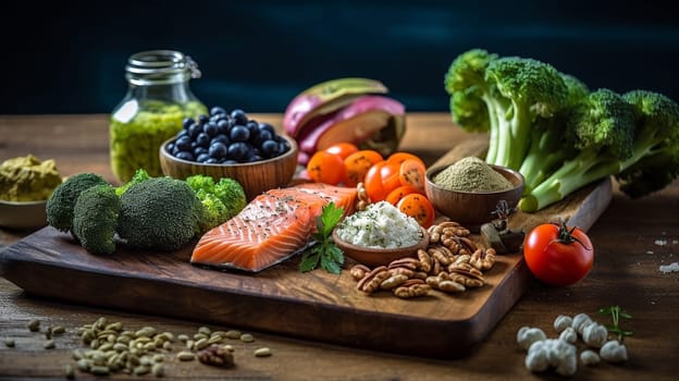 Balanced nutrition concept for clean eating flexitarian mediterranean diet, keto, ketogenic on a wooden kitchen table. Ai Generative