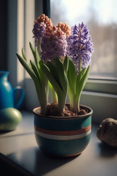 Assorted of beautiful flowering hyacinths stand in blue ceramic pot, by the window. Vertical. Ai generative. Close up