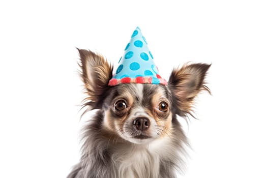 Portrait of Funny small fluffy chihuahua dog in birthday cap isolated on white background. Happy birthday banner with dog.