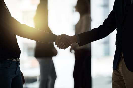 Silhouette, handshake and business people in office for partnership deal, planning and agreement. Corporate office, recruitment and workers shaking hands for welcome, communication and onboarding.