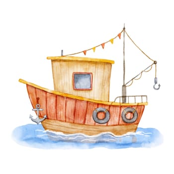 Cute watercolor fishing boat illustration isolated on white background. Funny ship sailing on sea