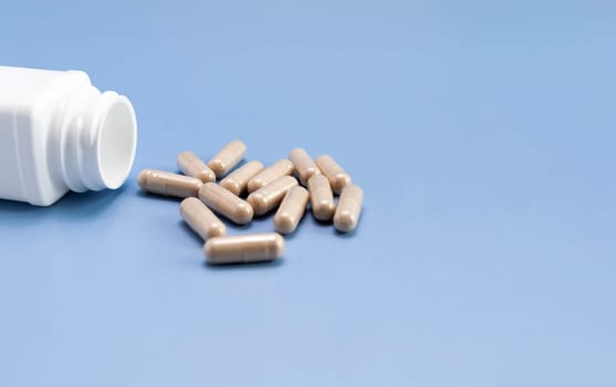 Scattered Pills, Capsules OF Slippery Elm, White Bottle, Container On Blue Background. Dietary Nutritional Supplement, Medication. Ulmus Fulva, Herbal Remedy Concept. Horizontal, Copy space For Text.