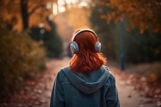 Red Hear Girl in a empty autumn town or city street park listens to music in wireless headphones. Girl no face visible on the background of fall golden park.