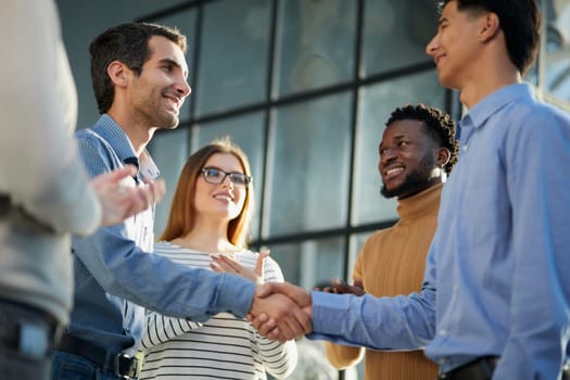 Smiling businessman standing greeting partner with handshake.