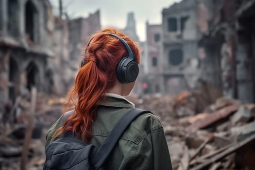 Red Hear Girl in a empty destroyed by war or natural disaster town or city street listens to music in wireless headphones. Girl no face visible on the background of destroyed houses