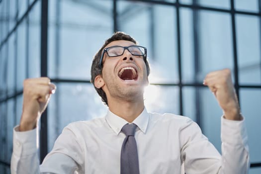 Millennial office worker standing in hallway clenched fists feel overjoyed celebrate career advancement