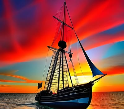 Sailing ship against a vibrant sky. Generative AI.