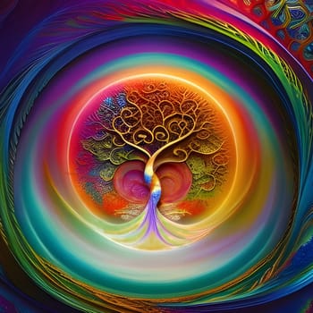 Cosmic tree of life in a rainbow colored circle. Generative Ai.