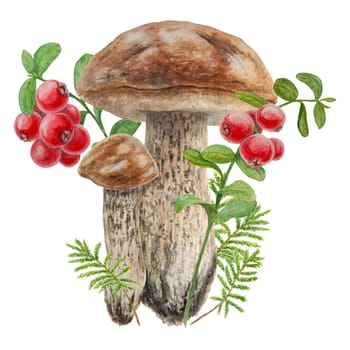 Wild mushrooms, red wild berries and moss watercolor hand drawn botanical realistic illustration. Forest boletus and cranberry isolated on white background. Great for printing on fabric, invitations, menus