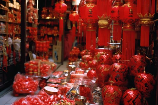 red chinese traditional lanterns o red background, AI Generated. Chinese lunar new year