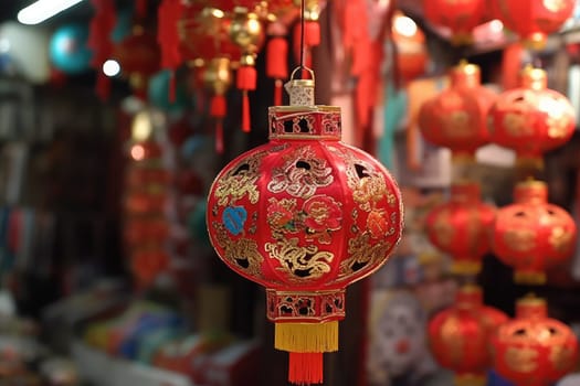 red chinese traditional lanterns o red background, AI Generated. Chinese lunar new year