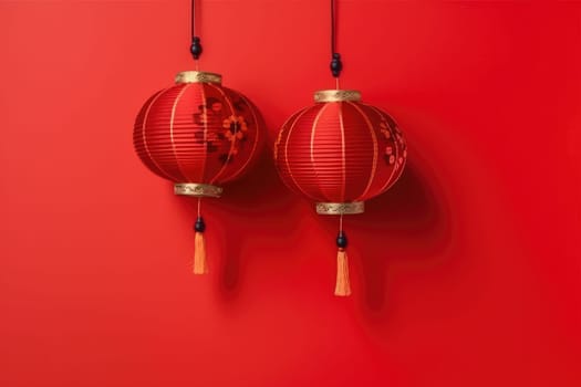 two red chinese traditional lanterns on red background, AI Generated. Chinese lunar new year