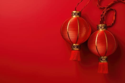 two red chinese traditional lanterns on red background, AI Generated. Chinese lunar new year