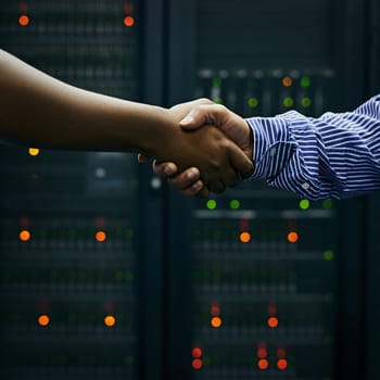 Handshake, partnership or people in server room of data center worker for network help with IT support. B2b deal agreement, teamwork closeup or successful men shaking hands together in collaboration.