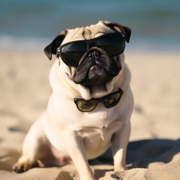 french bulldog dog at the beach with sunglasses on summer vacation holidays