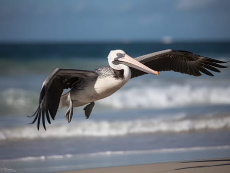 Pelican bird flying above the sea