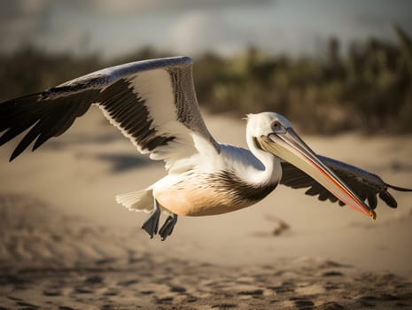 Pelican bird flying with wings wide open