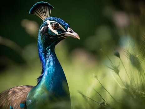 Closed up picture of blue majestic peacock in the nature resting