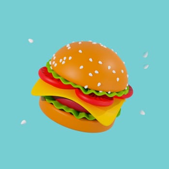 3d render of a hamburger on a blue background. juicy burger with sesame seeds flying around.