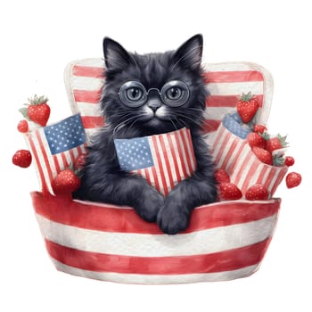 Watercolor 4th of July Patriotic Black Cat Illustration Clipart.
Isolated fourth of July black cat on white background for Independence Day sublimation design.