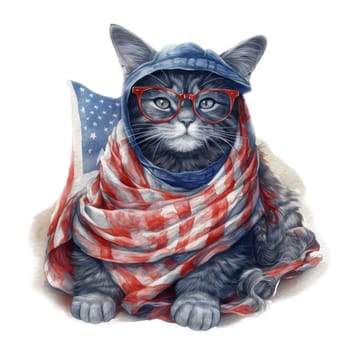 Watercolor 4th of July Patriotic Black Cat Illustration Clipart.
Isolated fourth of July black cat on white background for Independence Day sublimation design.