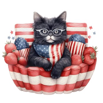 Watercolor 4th of July Patriotic Black Cat Illustration Clipart.
Isolated fourth of July black cat on white background for Independence Day sublimation design.