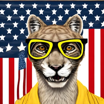 Portret of wild styled puma in yellow glasses on USA flag.Independence day of USA,4 July.Generative ai.