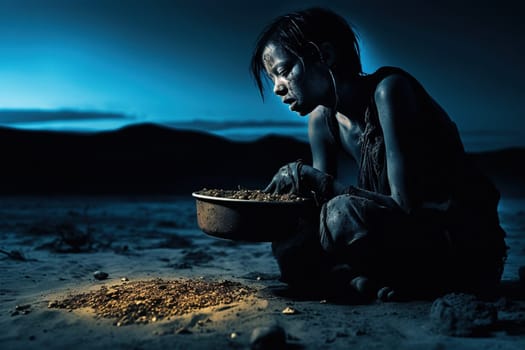 Hunger Poor Poverty. Social inequality, homeless or beggar begging for help sitting at dirty slum,human rights,donate and charity for underprivileged children in third world. Generative AI