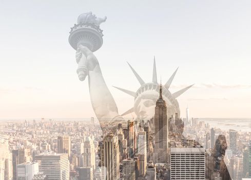 Double exposure new york city cityscape skyline with statue of liberty