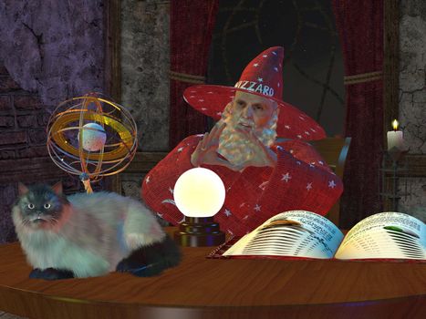 A magical wizard looks into his crystal ball for images of the future as his pet cat keeps him company.