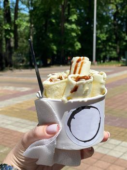 Thai Ice Cream. Cup of Rolled IceCream