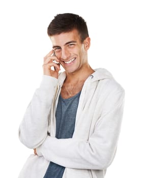 Technology brings people closer together. Portrait of a smiling male talking on his cellphone