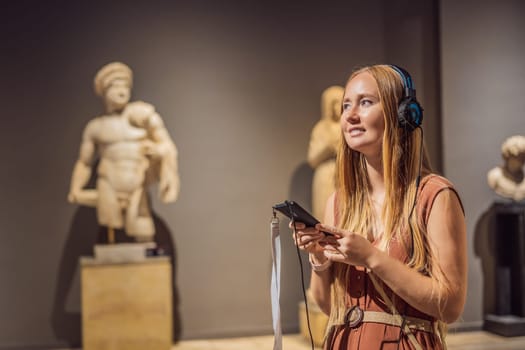 Portrait of contemporary young woman looking at sculptures and listening to audio guide at museum exhibition.