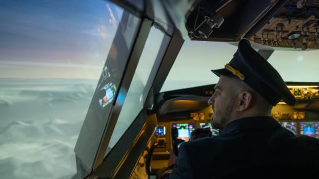 Caucasian bearded man controls the plane and looks at the beautiful sky