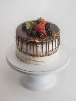 studio shot of chocolate frosted dripped icing cup cake with sweet fruit topping and golden brush strokes