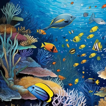 Underwater landscape with coral reef and tropical fishes. Generative AI