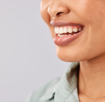 Smile, dental teeth and face of black woman in studio isolated on a white background mockup. Tooth care, cosmetics and happiness of female model or person with lip makeup and oral health for wellness.