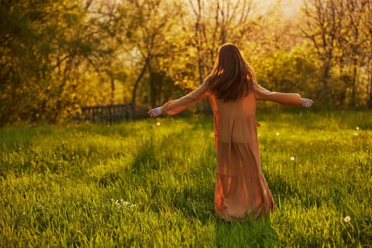 a slender woman with long hair walks in a field posing with her back to the camera, illuminated by the rays of the setting sun. High quality photo