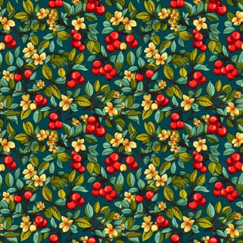seamless pattern on dark background flowers leaves and berries. generative ai