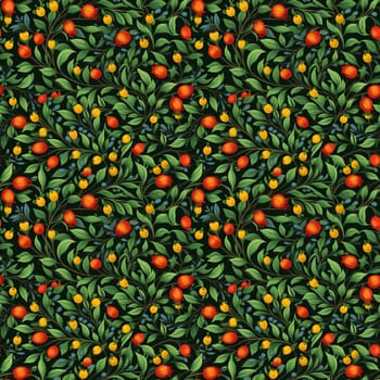 seamless pattern on dark background flowers leaves and berries. generative ai