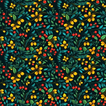 seamless pattern on dark background flowers leaves and berries. generative ai