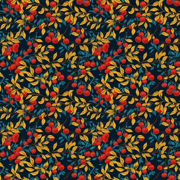 seamless pattern on dark background flowers leaves and berries. generative ai