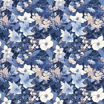 Seamless pattern blue flowers and leaves. Pattern in Japanese style. generative ai