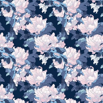 Seamless pattern blue flowers and leaves. Pattern in Japanese style. generative ai