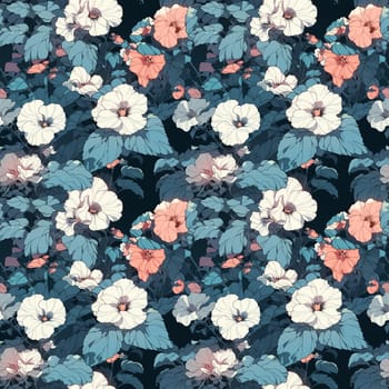 Seamless pattern blue flowers and leaves. Pattern in Japanese style. generative ai