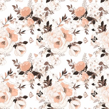 Seamless pattern flowers and leaves. Pattern in Japanese style. generative ai