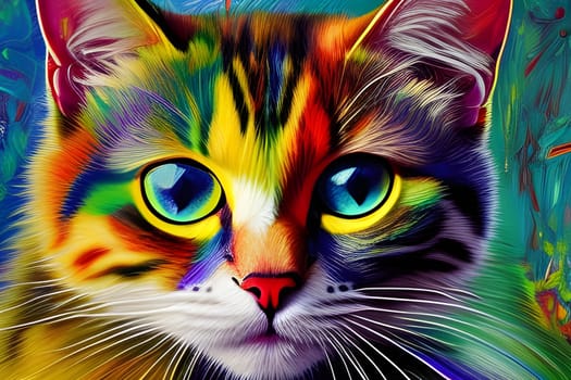 Colorful cat portrait. The cat has huge eyes. Generative AI.