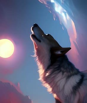 Wolf howling at the moon. Generative AI