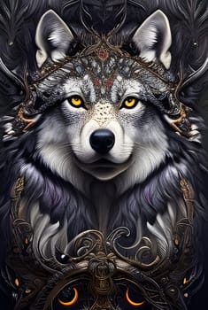 Decorated gray wolf with yellow eyes. Wolf portrait. Generative AI. 