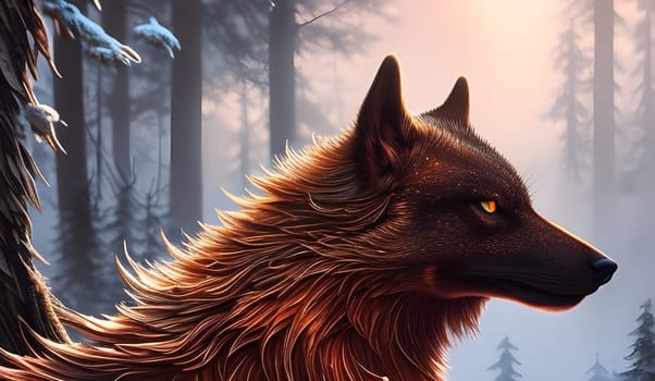 Portrait of a brown wolf in a winter forest. Side view. Generative AI.